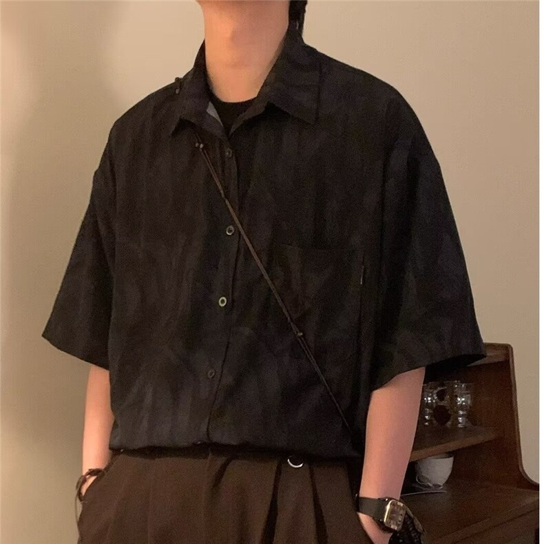 夏季新款日系复古宽松潮牌男女高级感短袖衬衫设计感休闲宽松上衣,男装T恤,星座506A