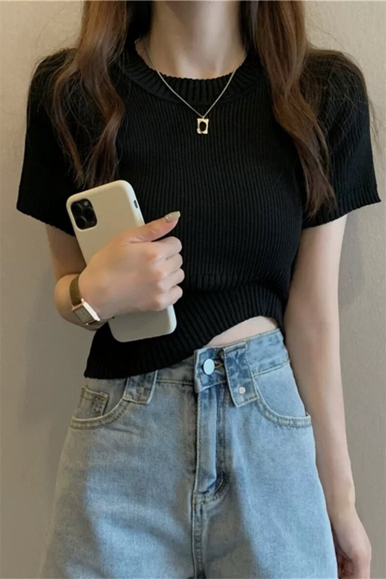 韩版夏季短款独特超好看纯色纯棉针织衫短袖T恤小上衣打底女,女装T恤,朝辰羊绒