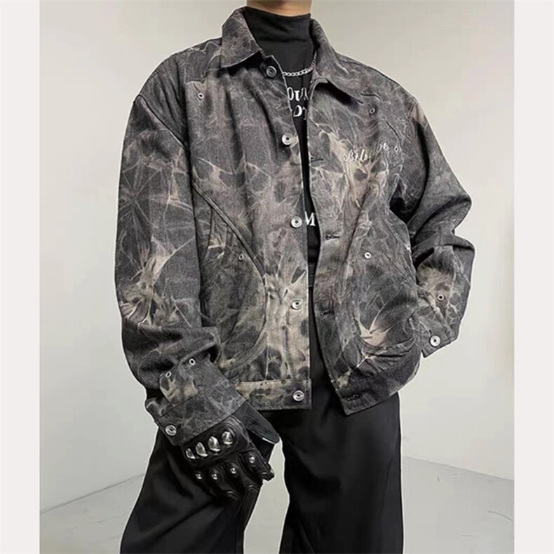 美式潮牌扎染解构设计短款牛仔夹克外套男复古宽松休闲 J21-P80图片