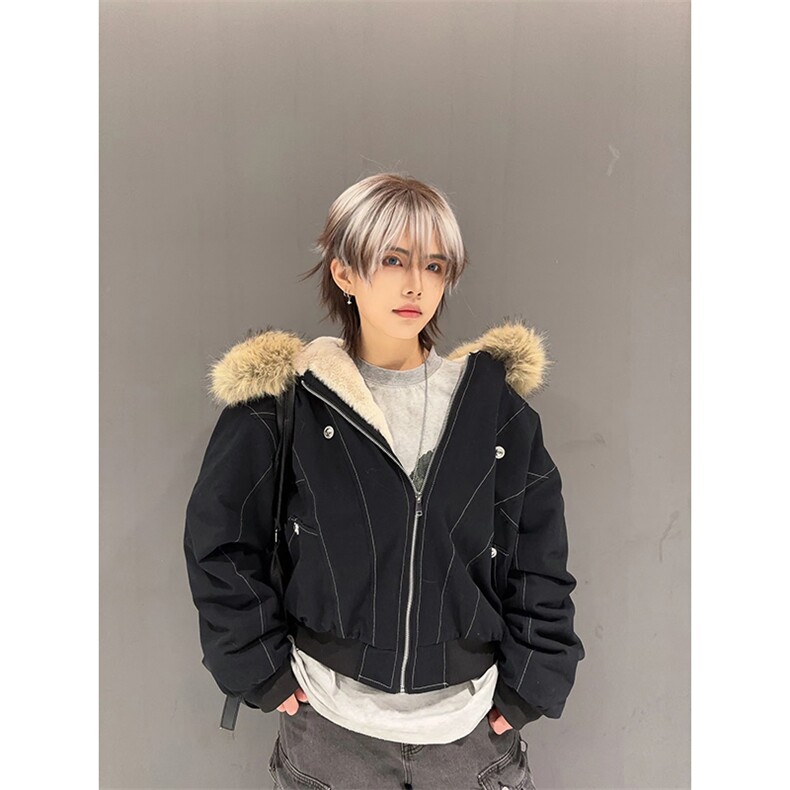 现货重磅boxy短款棉衣座山雕大毛毛领男女棉服水洗工装厚外套，男装棉衣，电商A486-1