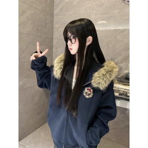 2025慵懒宽松温柔气质时尚百搭华棉复合薄款手感印花宽松连帽卫衣图片