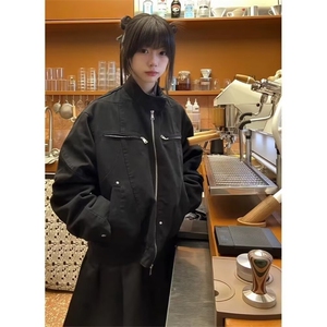 W11033-P85 网图现货 春季新款工装夹克飞行员外套翻领假两件外套图片