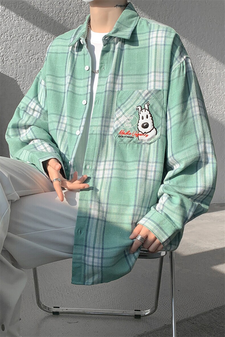 8XL-M小狗格子衬衫男长袖2025春情侣款寸衣宽松衬衣CS519P58控78,男装衬衫,电商D206-1