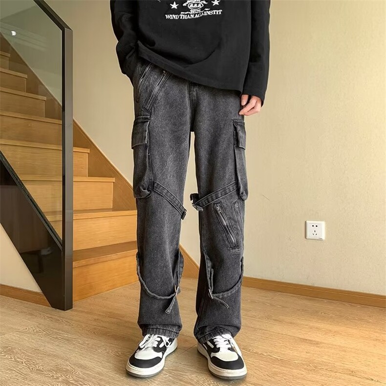 美式vibe裤子ins高街潮牌黑色绑带牛仔裤男直筒修身拉链工装裤K70图片