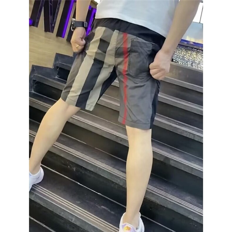 夏季冰丝薄款男士休闲短裤网红外穿潮流速干沙滩裤格子拼色五分裤,男装牛仔裤,星座1210-1