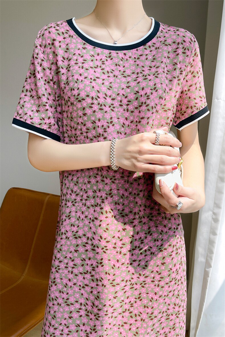 夏季新款圆领中长款拼色碎花连衣裙女真丝短袖长裙气质百搭半袖T,女装连衣裙,圣丽羊绒