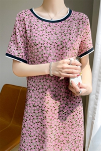 夏季新款圆领中长款拼色碎花连衣裙女真丝短袖长裙气质百搭半袖T图片