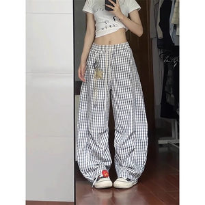 送挂件泡泡格子弯刀裤男女夏季松弛感阔腿裤子美式复古伞兵休闲裤图片