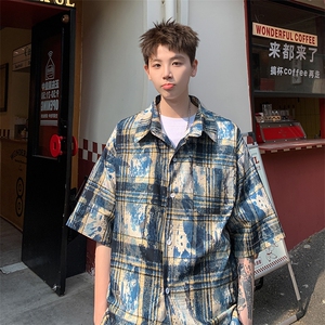2025美式扎染印花冰丝凉感格子短袖衬衫薄套装 TZ5600/特P45 蓝1图片