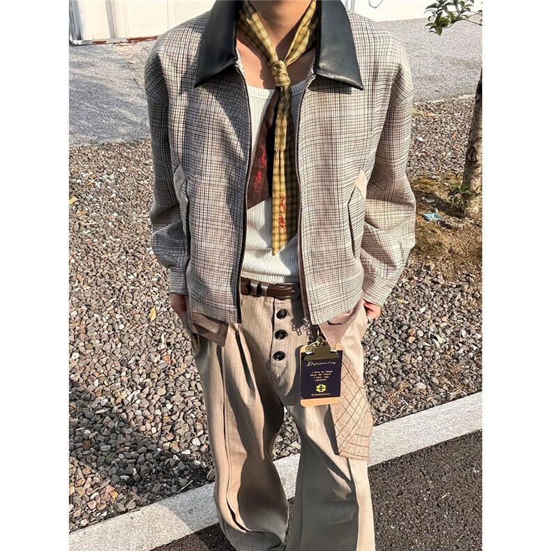 B982-P78cleanfit哈灵顿夹克男春秋美式拼接千鸟格廓形外套,男装夹克,电商B323A