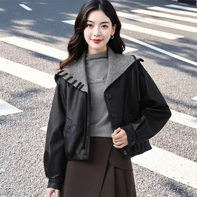 (现货)休闲时尚针织拼接皮衣外套，女装皮衣，都市甄选
