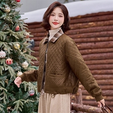 2024冬装新款假两件格子领夹棉短外套，女装棉衣/棉服，梦芯尔
