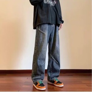 美式阔腿牛仔裤男春秋新款痞帅设计感工装直筒长裤子AM778 P46图片