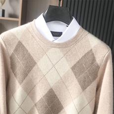 时尚男士3色菱形拼接提花圆领羊毛衫舒适保暖经典百搭，男装羊绒套衫，台绒羊绒