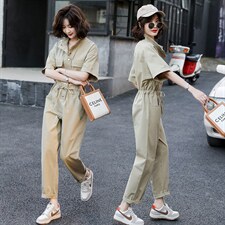 立领连衣裤2021夏装新款简约时尚百搭工装风抽绳收腰显瘦连体裤女，女装连体裤，辉之琳