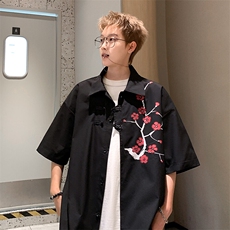 2026夏潮新中式梅花图印花盘扣短袖五分袖衬衫CS080/特P35黑色，男装衬衫，电商A094