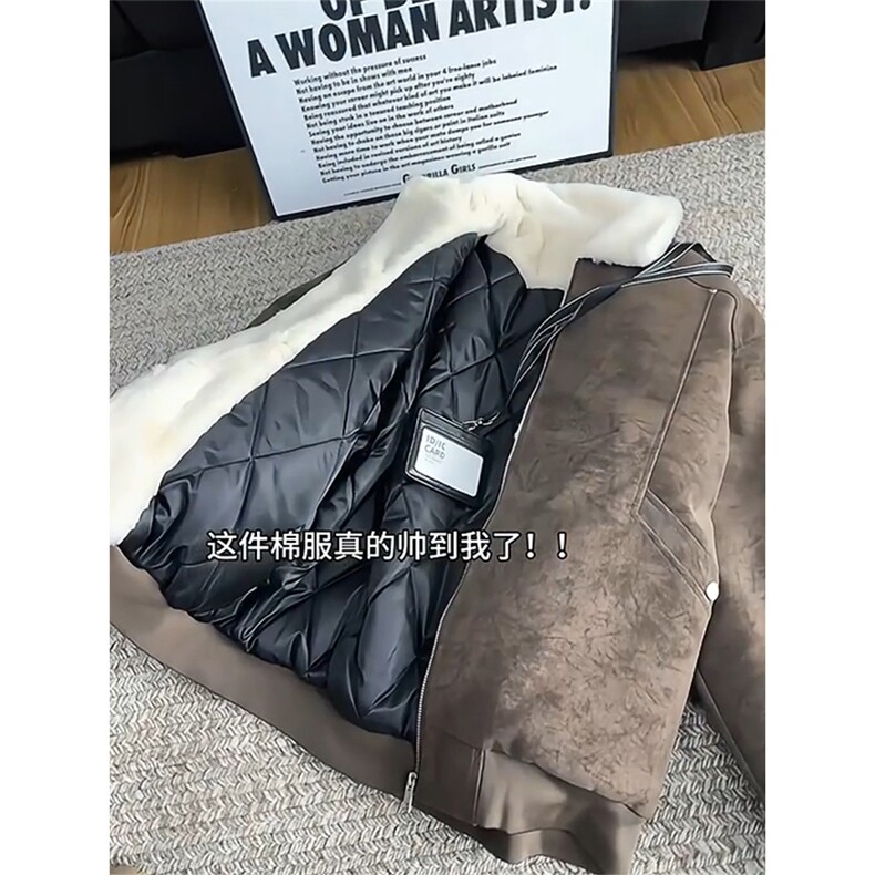 现货重磅硬挺boxy羽绒棉衣座山雕羊羔毛领洗水麂皮棉服冬外套,男装棉衣,电商A486-1