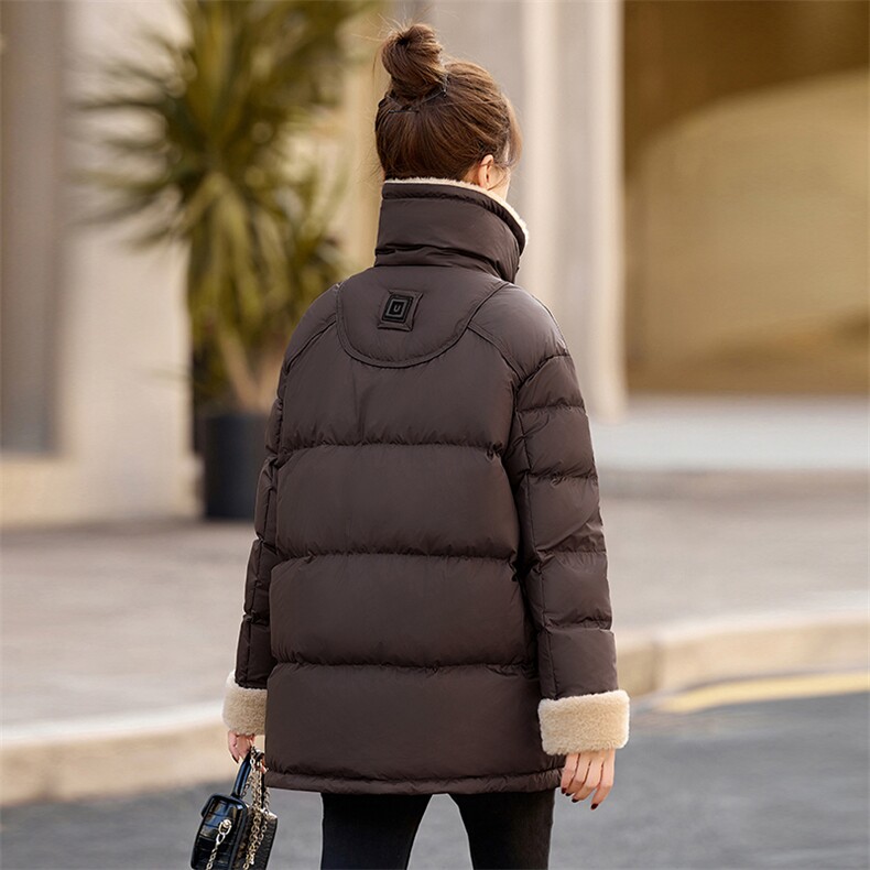 羊羔毛拼接大翻领羽绒服女中长款2025冬季新款加厚保暖白鸭绒外套,女装羽绒服,沐七七