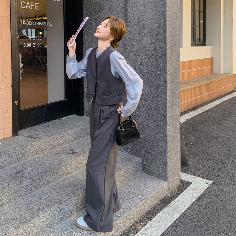休闲气质马甲衬衫休闲裤套装女春秋巨好看三件套流行爆款超火穿搭,女装套装/套裙,2D041