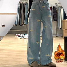 腊肠狗刺绣加绒加厚直筒牛仔裤女秋冬新款保暖高腰显瘦阔腿裤，男装牛仔裤，星座506A