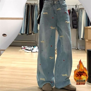 腊肠狗刺绣加绒加厚直筒牛仔裤女秋冬新款保暖高腰显瘦阔腿裤图片