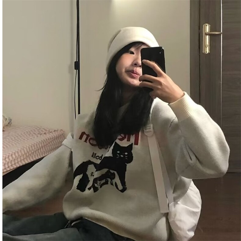 MM159-P68美式复古提花猫咪毛衣高街中性风男女卡通针织毛衣,针织衫/毛衣,星座617A-2