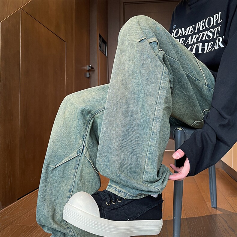 褶皱水洗牛仔裤M~8XL大码宽松设计感美式高街复古直筒裤NZ9001P55，男装牛仔裤，电商B238