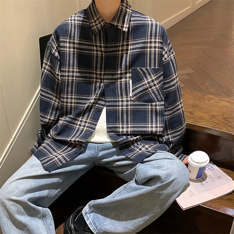 22大货春秋季格子衬衫男长袖外套休闲衬衣港风宽松CS716P45控58,男装衬衫,电商B413-1