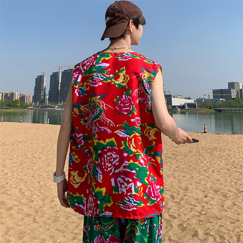 夏大码东北大花布男背心坎肩运动马甲男装风民族牡丹花MJ01,男装背心/马甲,星座115A(原星座507）