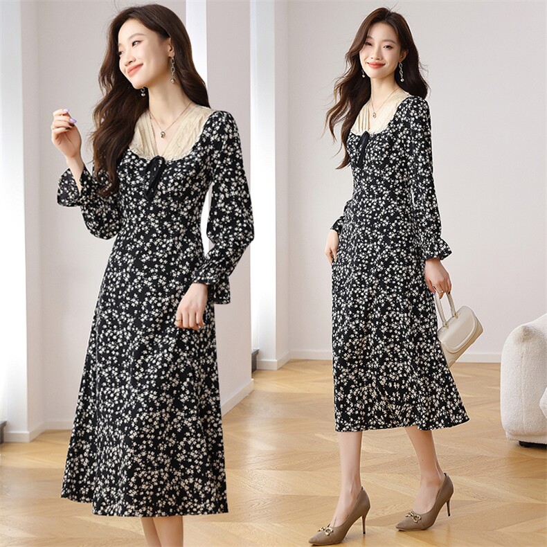 喇叭袖时尚碎花连衣裙女2025年春秋新款碎花休闲百搭长裙法式图片