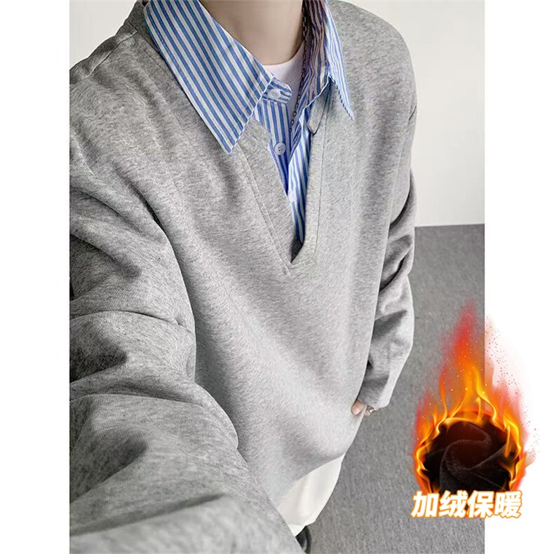 T329JR-特P35 360克冬季假两件衬衫领加绒长袖潮宽松拼接T恤男图片