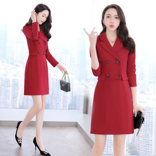 2023秋季新款简约时尚优雅气质翻领双排扣修身显瘦连衣裙，女装连衣裙，臻衣坊