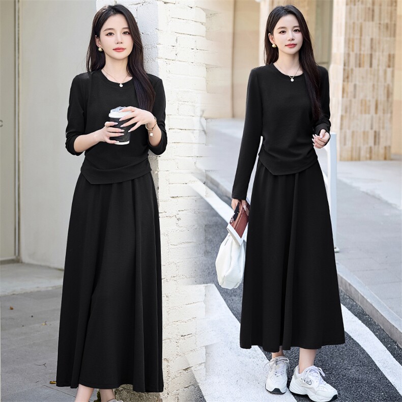 高级感灰色套装裙女2025春新款修身显瘦气质长袖T恤半身裙两件套,女装套装/套裙,盈茜