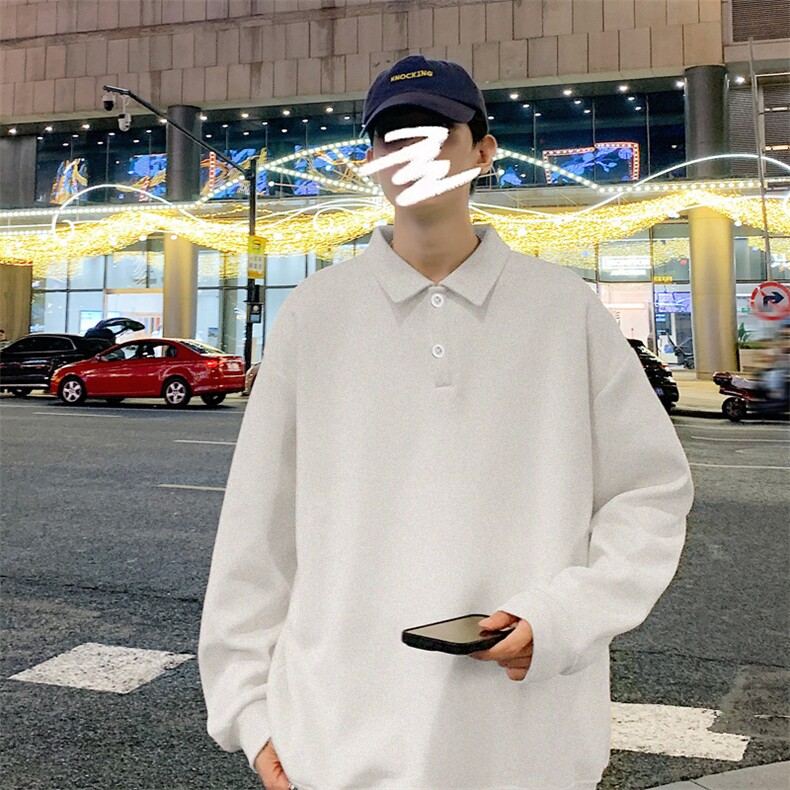 抖音得物高品质二开230克精梳珠地光版纯色宽松长袖T恤翻领POLO衫,男装T恤,电商A486