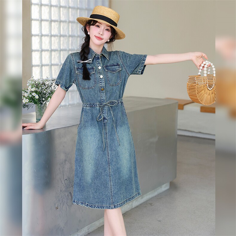 现货跑量收腰牛仔连衣裙女2024年夏季小个子高腰a字长裙子潮,女装连衣裙,江南女神