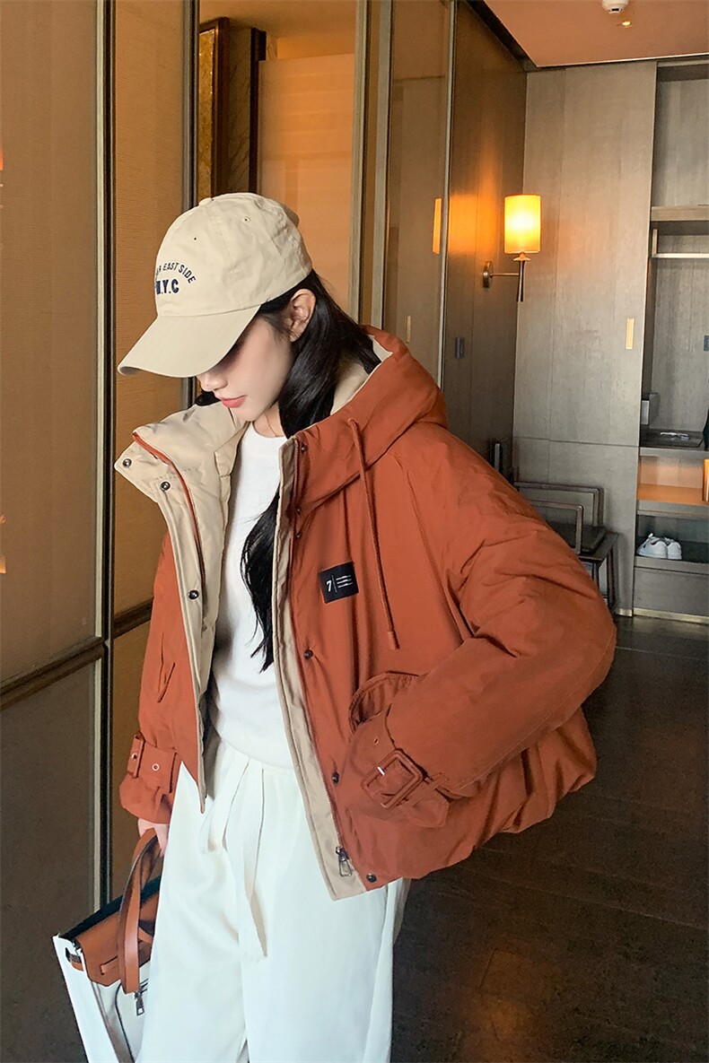 2024冬季新款韩版棉服女短款连帽小个子加厚时尚撞色棉衣外套潮,女装棉衣/棉服,冬木谷雨