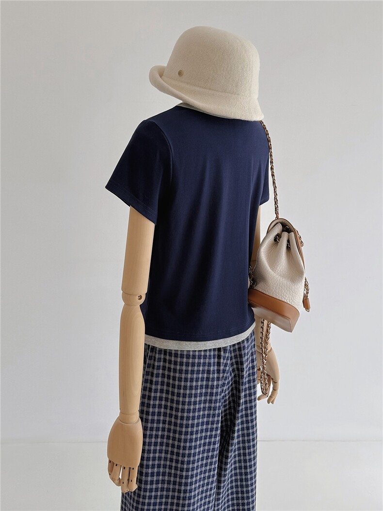 甜美休闲时尚运动套装女夏季新款圆领拼接短袖上衣格子长裤两件套,女装套装/套裙,江南