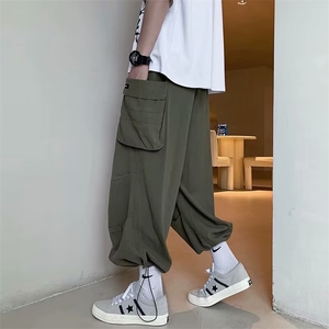 港风复古阔腿大口袋工装裤男秋季宽松直筒束脚裤潮牌炸街九分裤图片