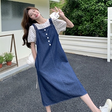 新款现货主推波点上衣+牛仔背带裙9833-P135-K188，女装连衣裙，2C129