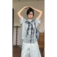 【有货】PX01CC-特P38格子拼接蝴蝶结短袖t恤男女，男装T恤，星座1007（原301D）