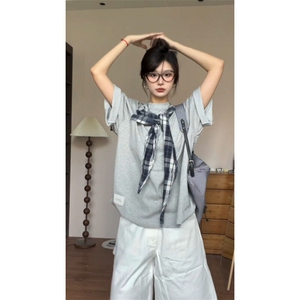 【有货】PX01CC-特P38 格子拼接蝴蝶结短袖t恤男女图片