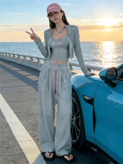 欧货慵懒风时尚套装女春季软糯短款开衫上衣内搭吊带阔腿裤三件套，女装套装/套裙，江南