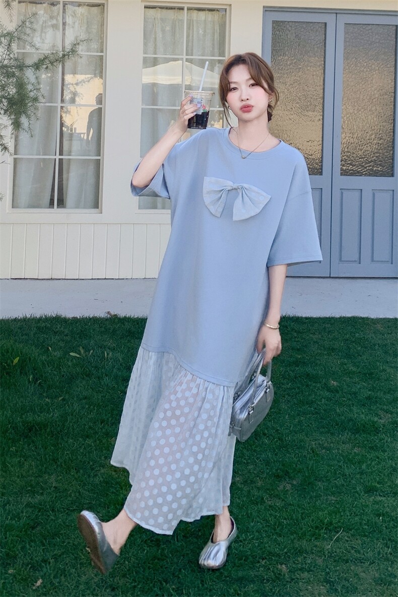 法式网纱拼接蝴蝶结蓝色连衣裙女夏2025新款独特别致流行爆款长裙,女装连衣裙,2C317