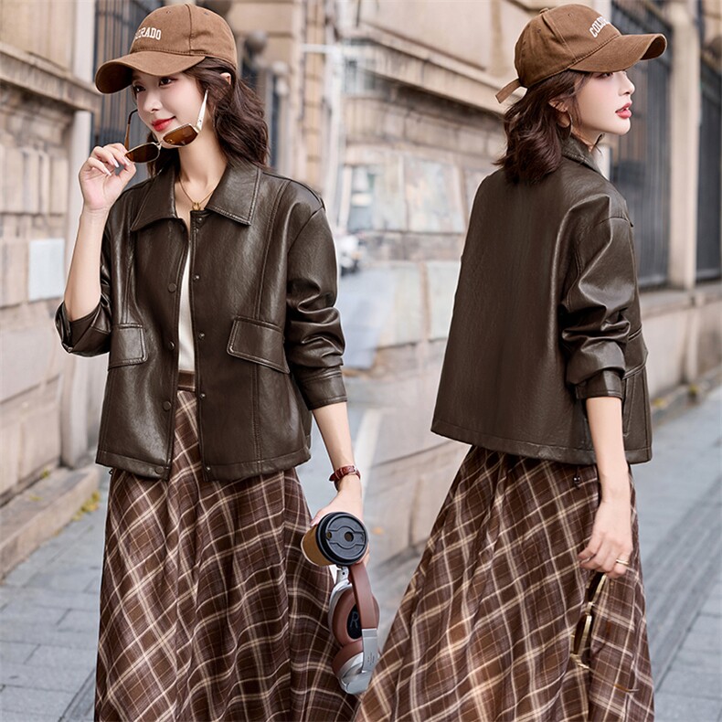 2025秋装新款简约风尚摩登复古风皮衣外套，女装皮衣，魅丽静蓝