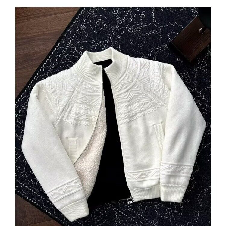 针织加绒棉服男女韩版潮流白色帅气提花MF411-P120图片