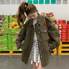 女常规长袖拉链中长款翻领短外套上衣秋季风衣大衣春秋小个子短款，女装短外套，2C372