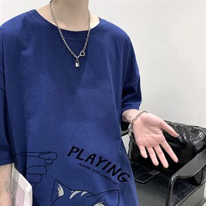 YT26129-P30 亚短袖t恤男大码五分袖男宽松七分袖 港风模特图片