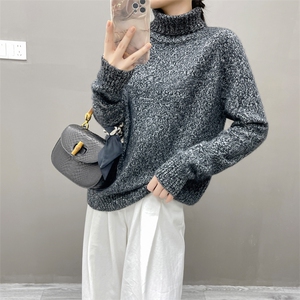 重磅秋冬新款高领山羊绒衫女加厚宽松慵懒风花纱毛衣针织打底衫图片