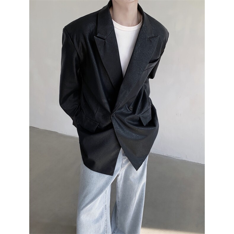 现货！新24秋冬老钱风质感男士pu皮戗驳领西装垫肩款xz35-p128，男装西服套装，电商B288