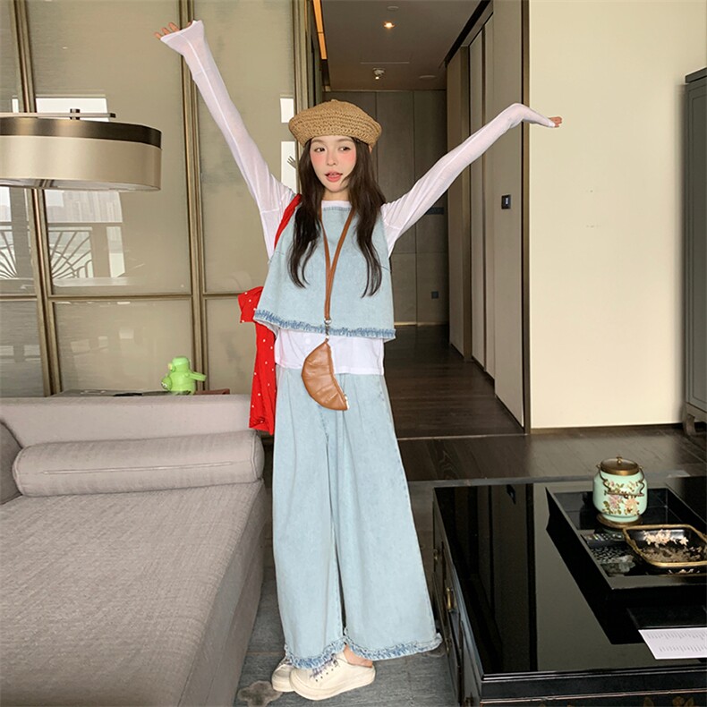 浅蓝色复古木耳边牛仔马甲套装女2025春季新款小个子阔腿裤三件套,女装套装/套裙,2C177